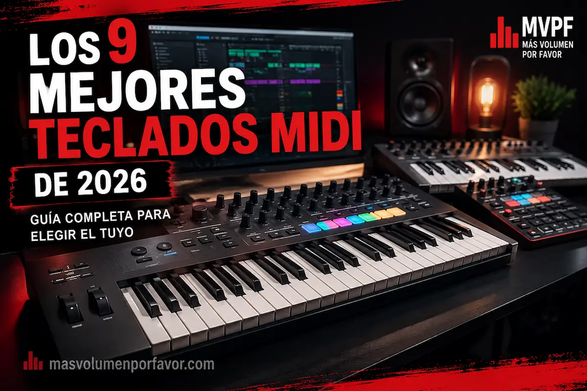 Teclado MIDI en home studio con pantalla DAW y branding de Mas Volumen Por Favor para un artículo sobre los mejores teclados MIDI de 2026