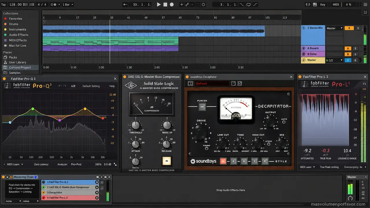 Cadena de mastering en Ableton Live con EQ, compresión, saturación y limitador