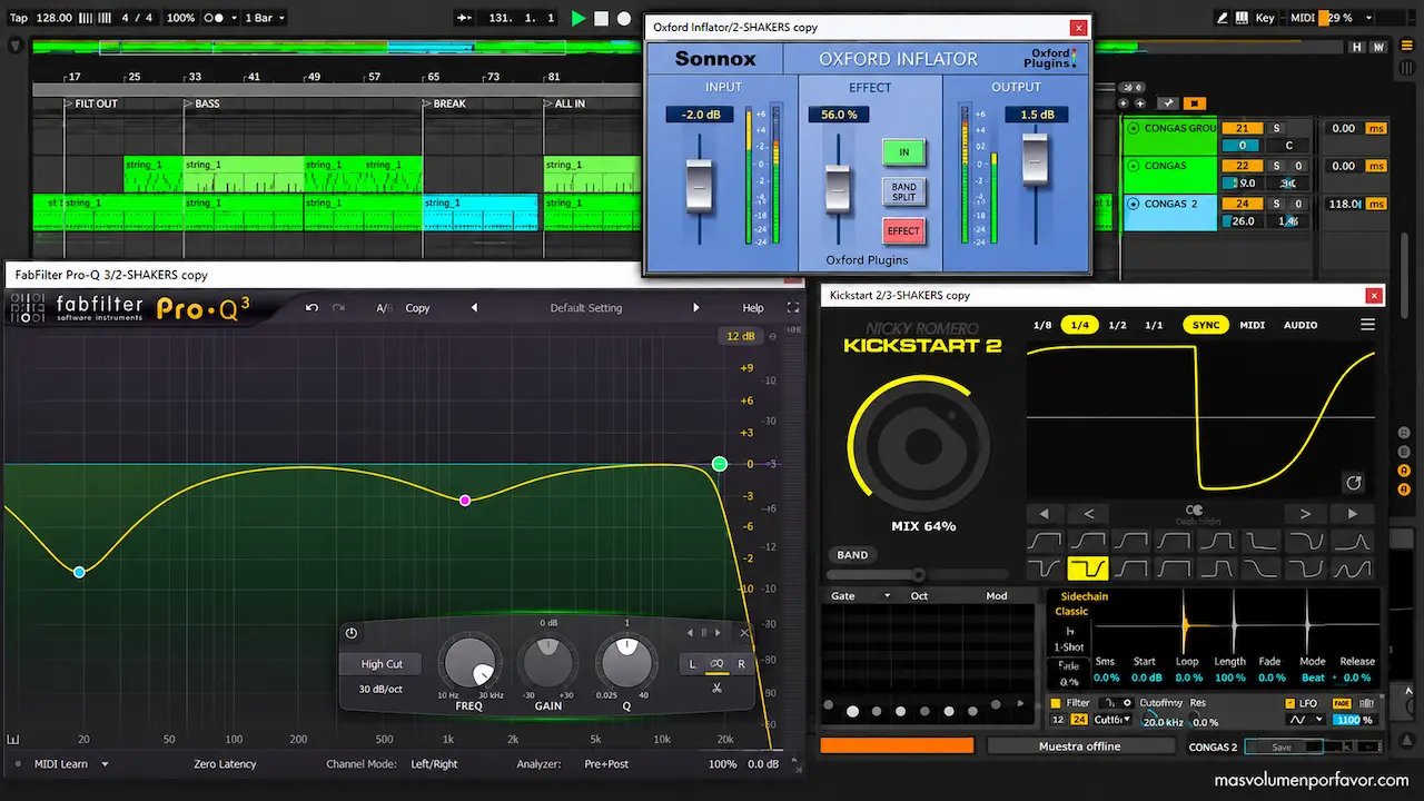 Sesión de mezcla en Ableton Live con Oxford Inflator, FabFilter Pro-Q y Kickstart