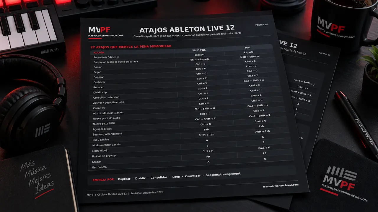 Mockup del PDF de atajos de Ableton Live 12 para Windows y Mac sobre un escritorio de producción musical