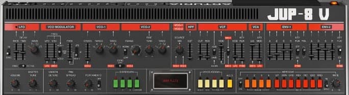 panel frontal del sintetizador jup-8v