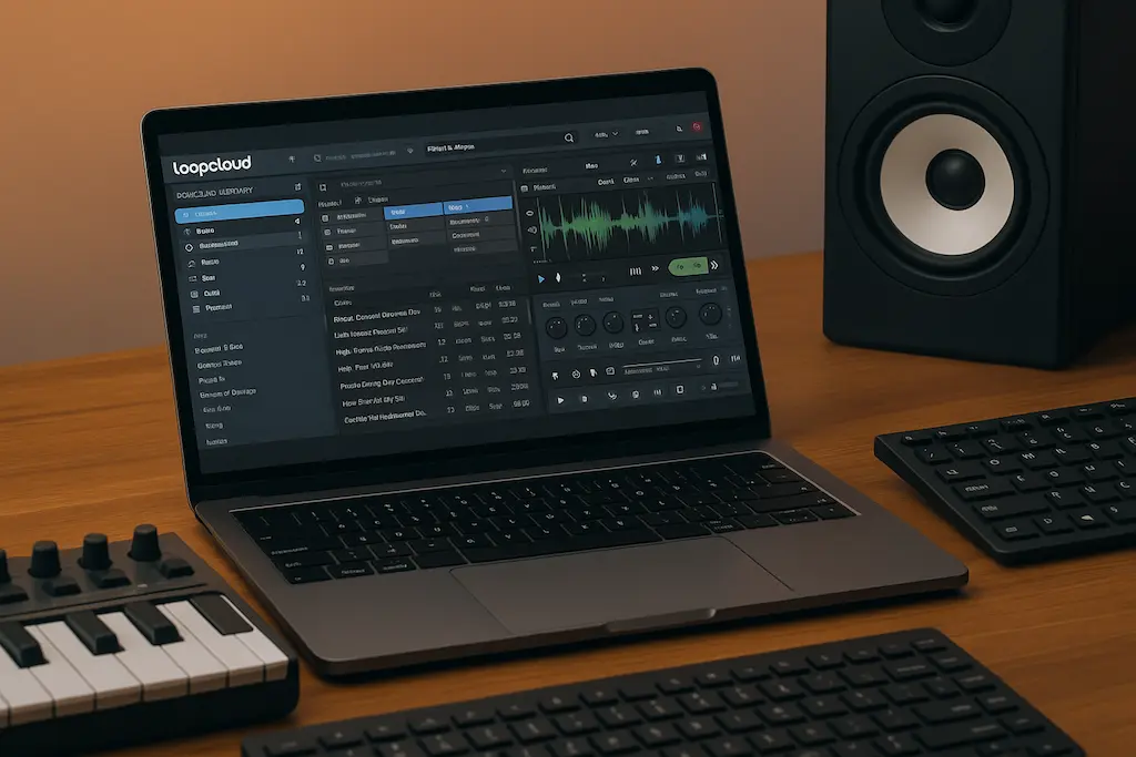 Interfaz de Loopcloud en uso junto a un teclado MIDI y DAW moderno