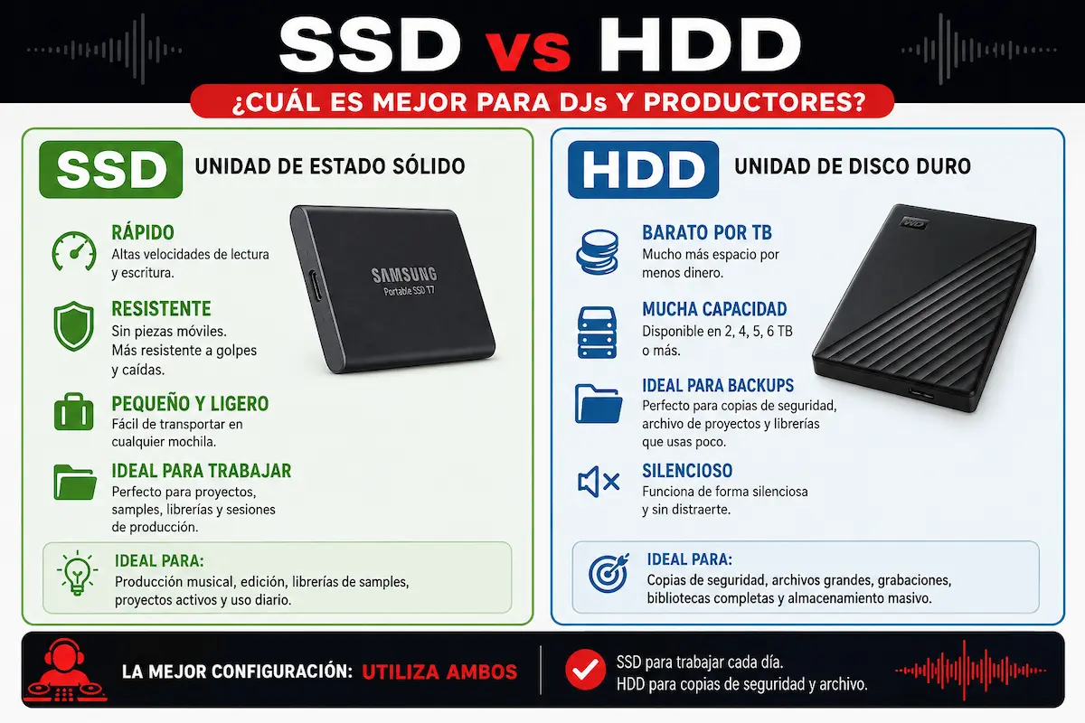 Infografía comparativa SSD vs HDD para DJs y productores musicales, mostrando velocidad, resistencia, capacidad y uso recomendado de cada tipo de almacenamiento.
