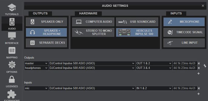 panel de configuración del audio para hercules inpulse 500 en virtual dj
