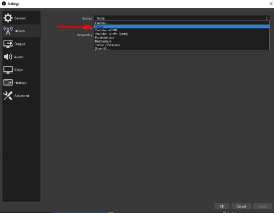 panel de configuración de OBS