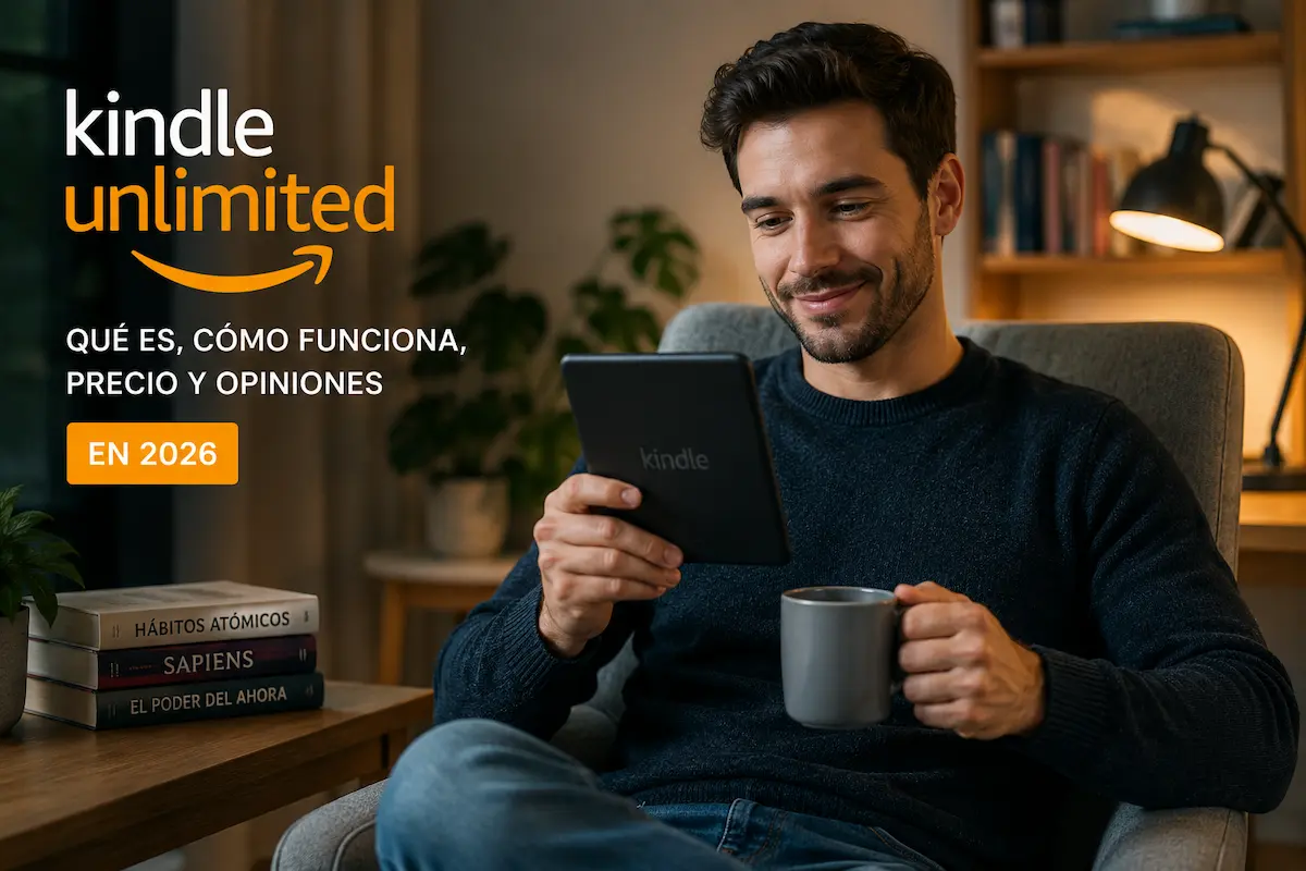 Hombre leyendo en un Kindle en una imagen sobre Kindle Unlimited