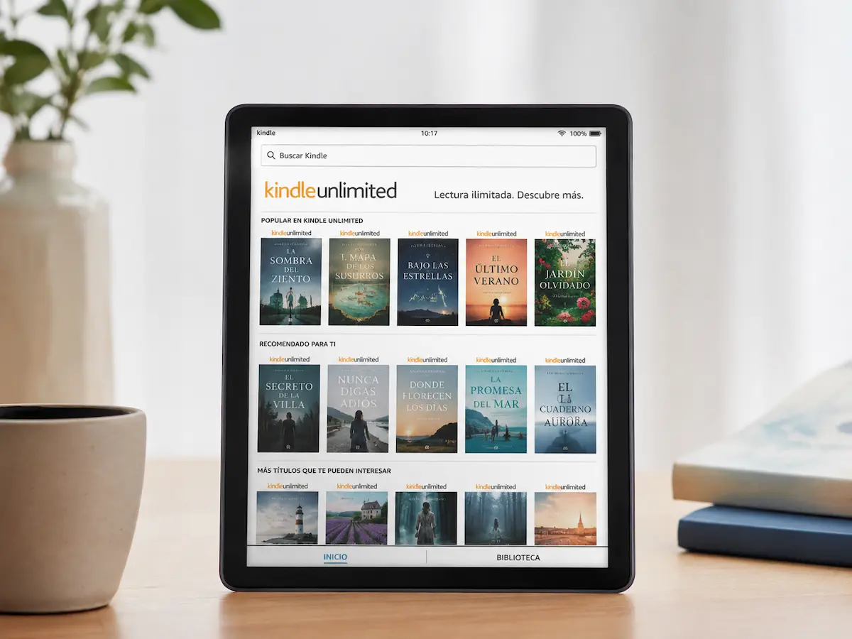 Kindle con biblioteca de libros disponibles en Kindle Unlimited