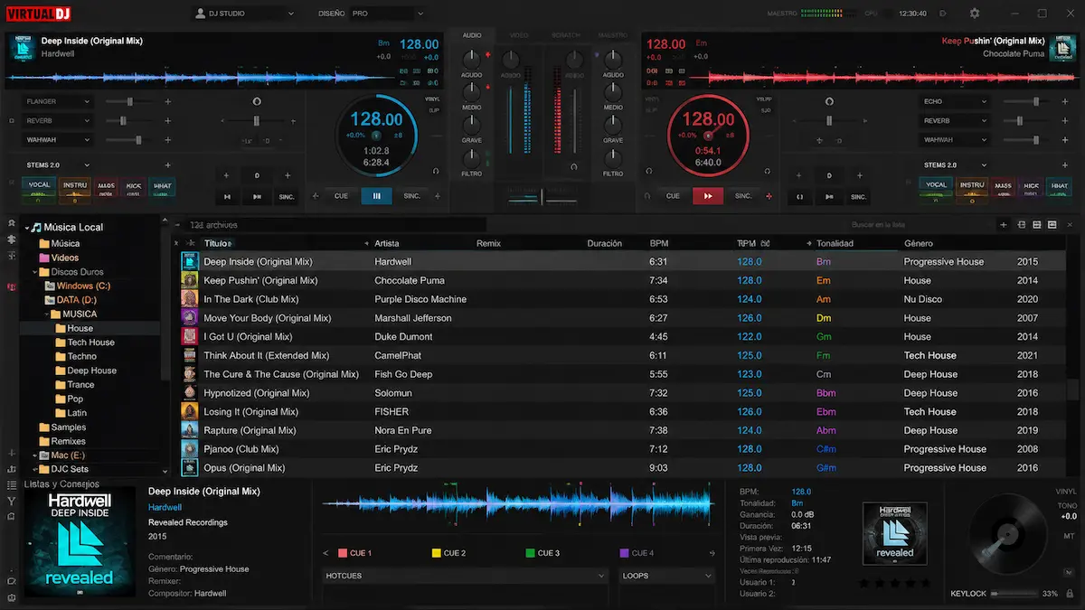 Biblioteca musical local en VirtualDJ con canciones organizadas por BPM y tonalidad