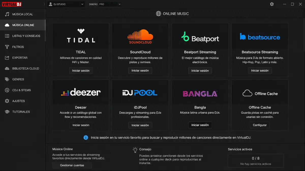 Servicios de streaming compatibles con VirtualDJ como TIDAL, SoundCloud y Beatport