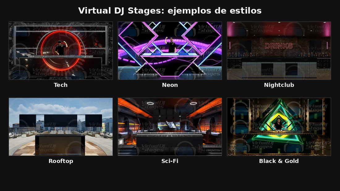 Ejemplos de Virtual DJ Stages con escenarios Tech, Neon, Nightclub, Rooftop, Sci-Fi y Black & Gold