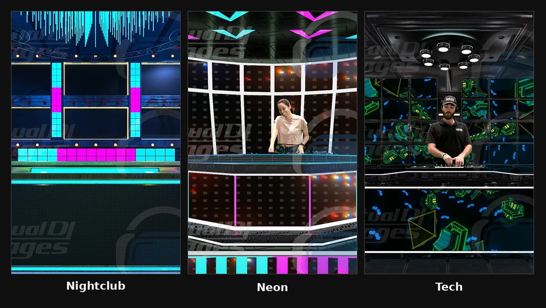 Ejemplos de Virtual DJ Stages en estilos Nightclub, Neon y Tech
