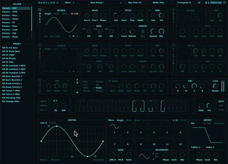 Interfaz de Babylon 2 con osciladores, modulación, efectos y editor de ondas