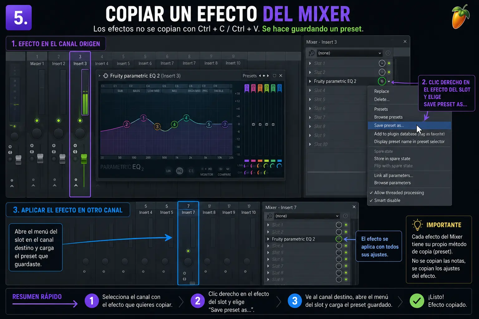 Cómo copiar un efecto a otro canal del Mixer de FL Studio
