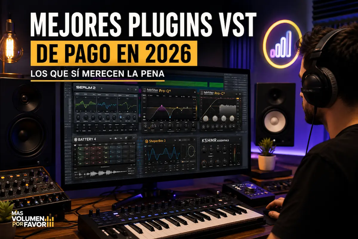 Productor musical trabajando con varios plugins VST de pago en un estudio