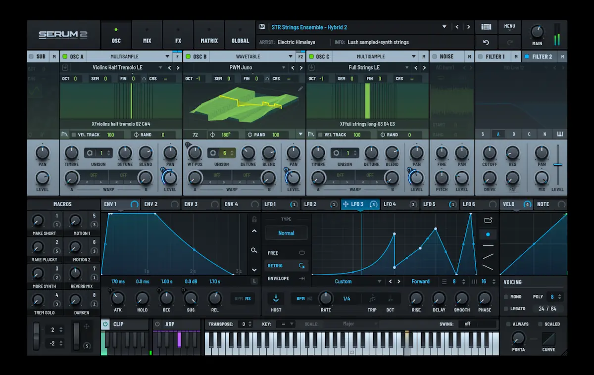 Interfaz de Serum 2 con osciladores, envolventes, LFO y teclado virtual