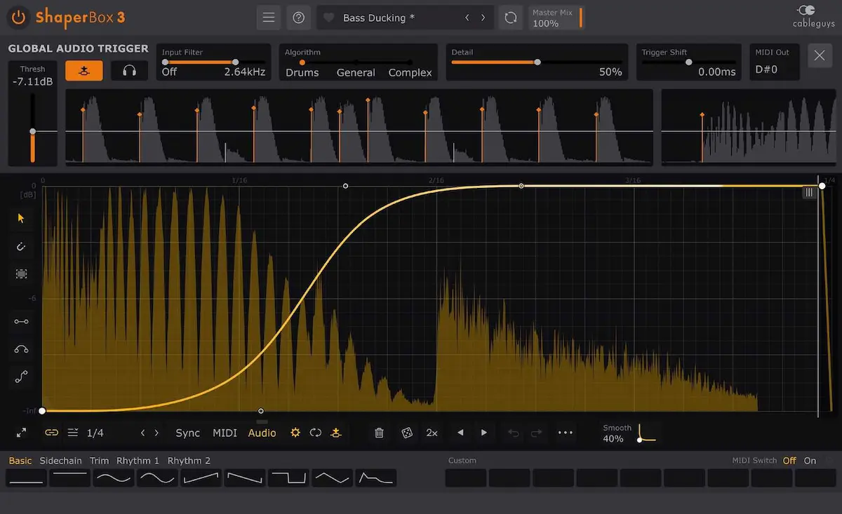 Interfaz de ShaperBox 3 mostrando una curva de volumen para sidechain y bass ducking