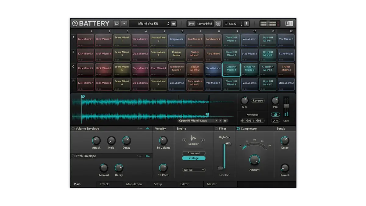 Interfaz de Battery 4 de Native Instruments con matriz de celdas y edición de samples
