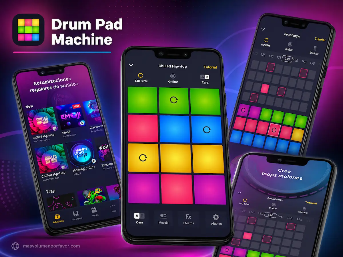 Drum Pad Machine con pads de colores, secuenciador y librería de sonidos