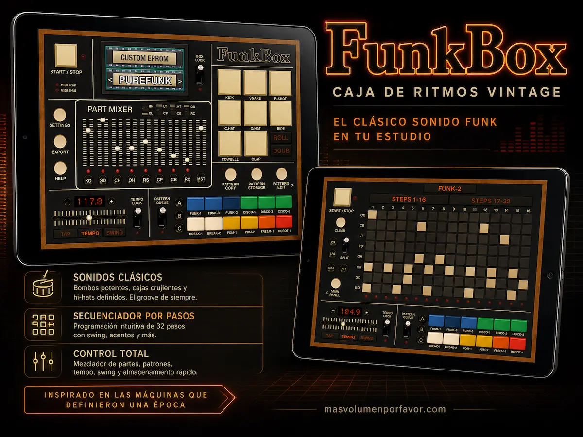 FunkBox con secuenciador por pasos, mezclador y sonidos de cajas de ritmos clásicas
