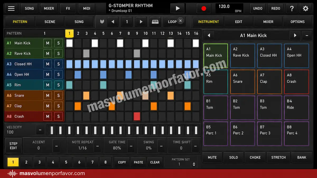 Interfaz de G-Stomper Rhythm con secuenciador por pasos y pads de batería en Android