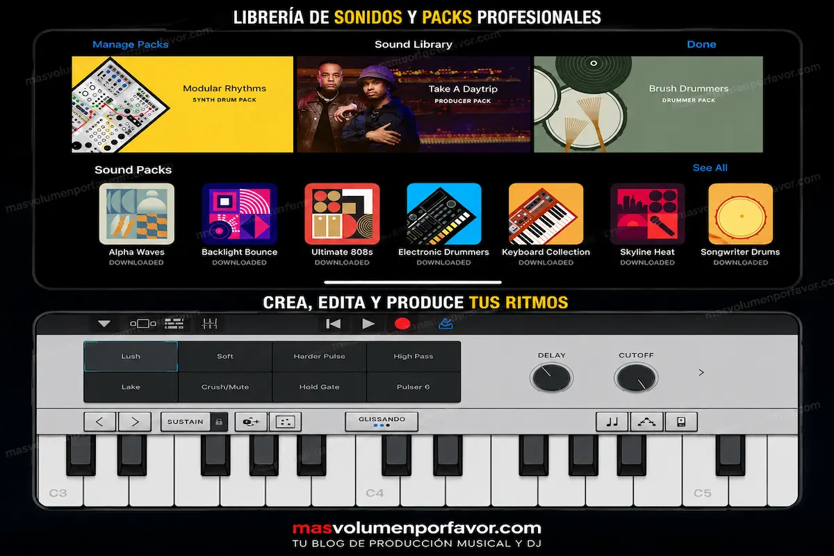 GarageBand con librería de sonidos, teclado virtual y herramientas de producción musical