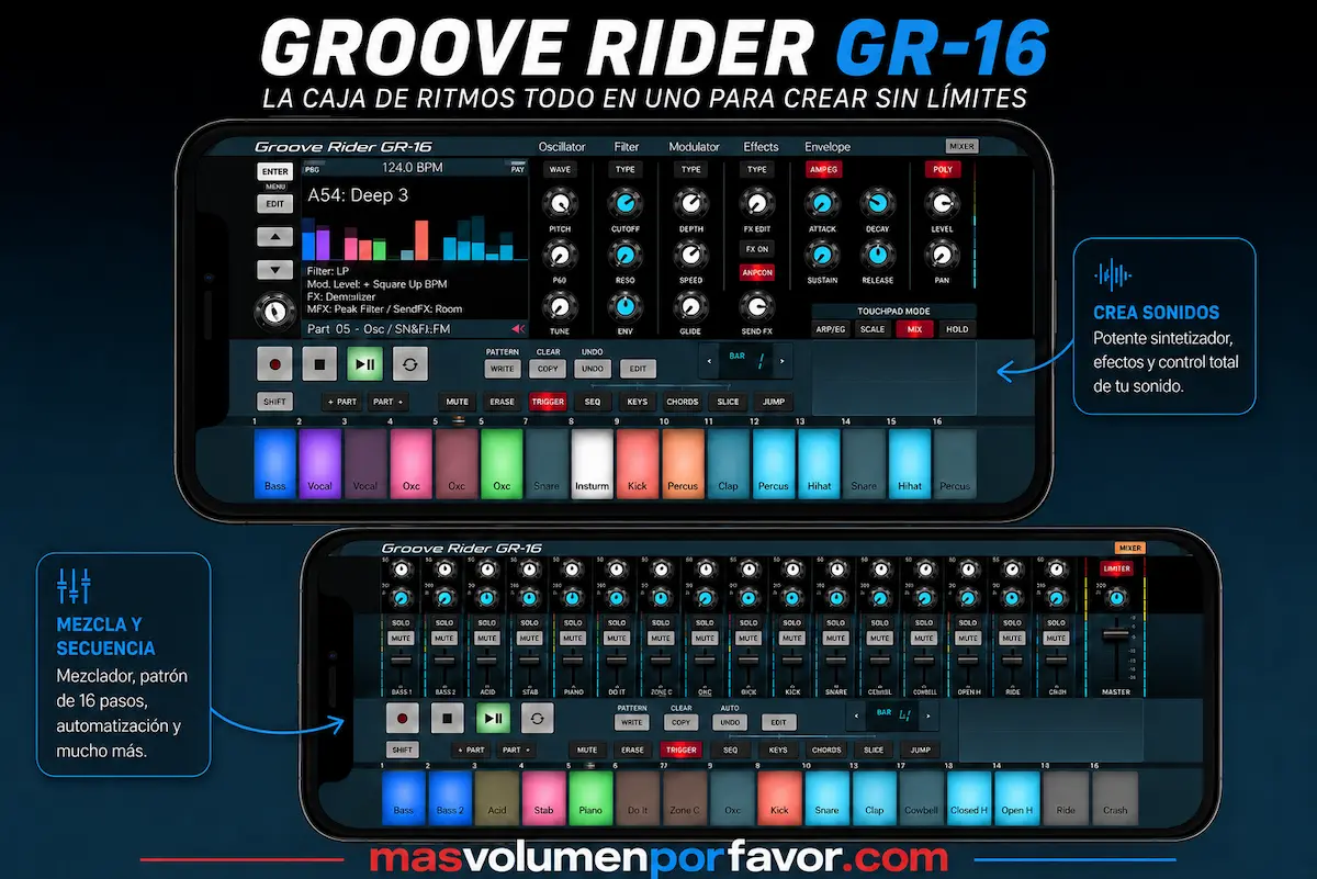 Groove Rider GR-16 con sintetizador, mezclador y secuenciador para iPhone y iPad