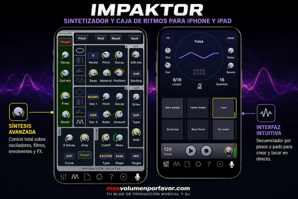 Impaktor con controles de síntesis, secuenciador por pasos y pads para iPhone y iPad