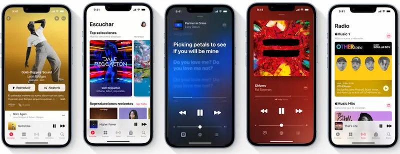 Varios iPhones con la app apple Music instalada