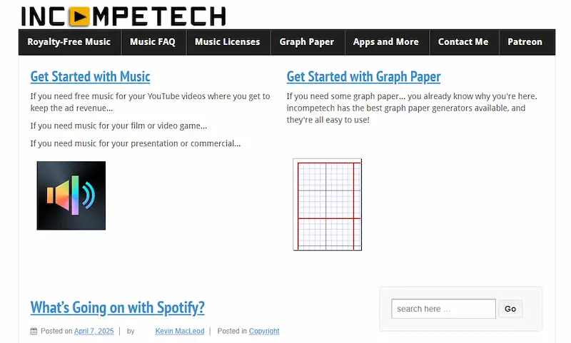 Página principal de Incompetech, plataforma para descargar música libre de derechos en 2025