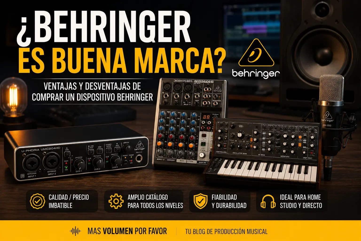 Varios productos Behringer para home studio, incluyendo una interfaz de audio, un mezclador, un sintetizador y un micrófono, ilustrando una guía sobre si Behringer es una buena marca.