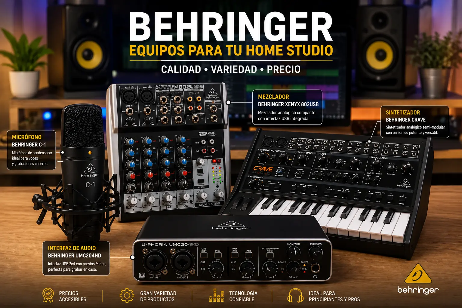 Equipos Behringer para home studio con interfaz UMC204HD, mezclador Xenyx 802USB, sintetizador Crave y micrófono C-1.