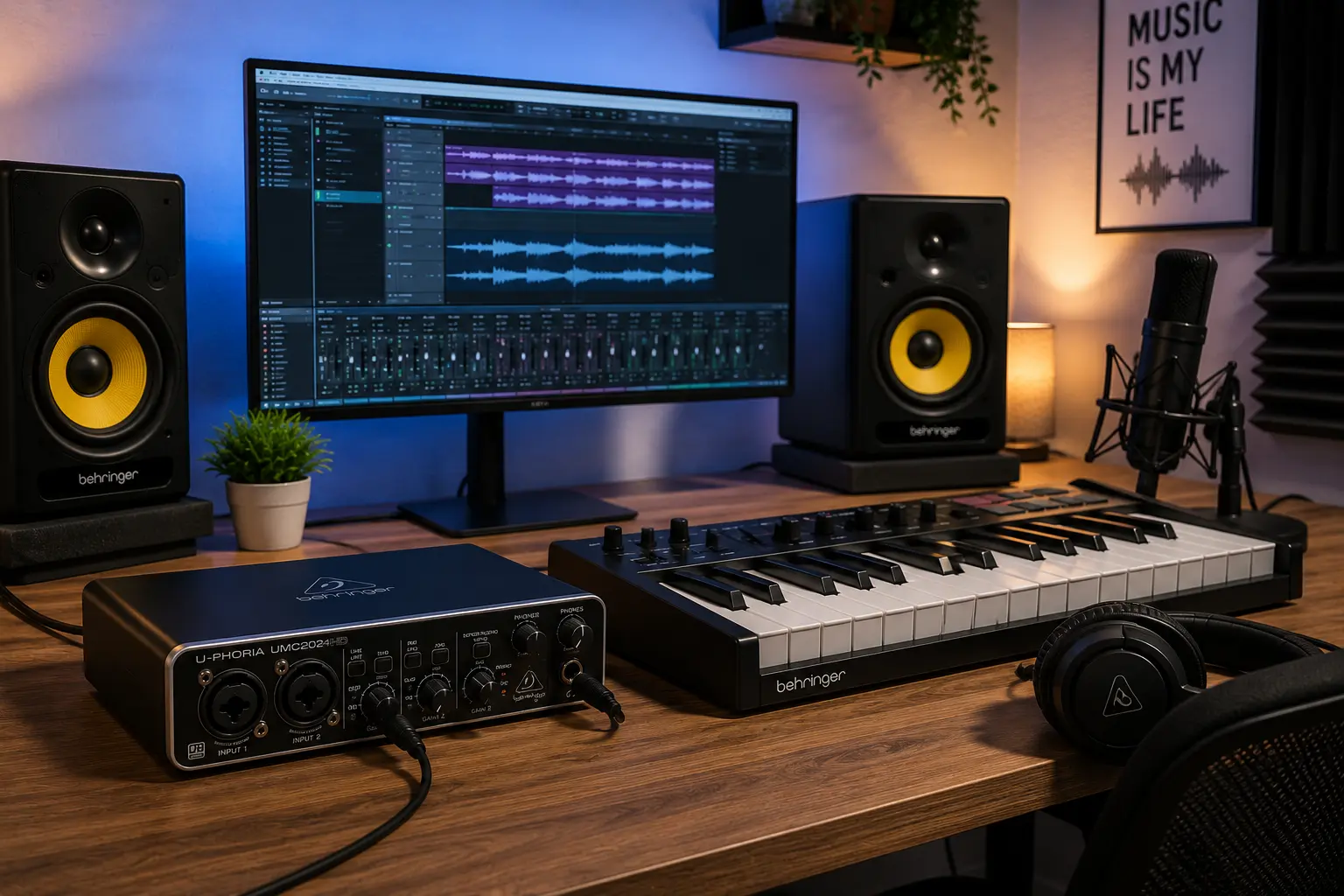 Home studio con una interfaz de audio Behringer UMC, monitores de estudio, teclado MIDI y ordenador con un DAW abierto.