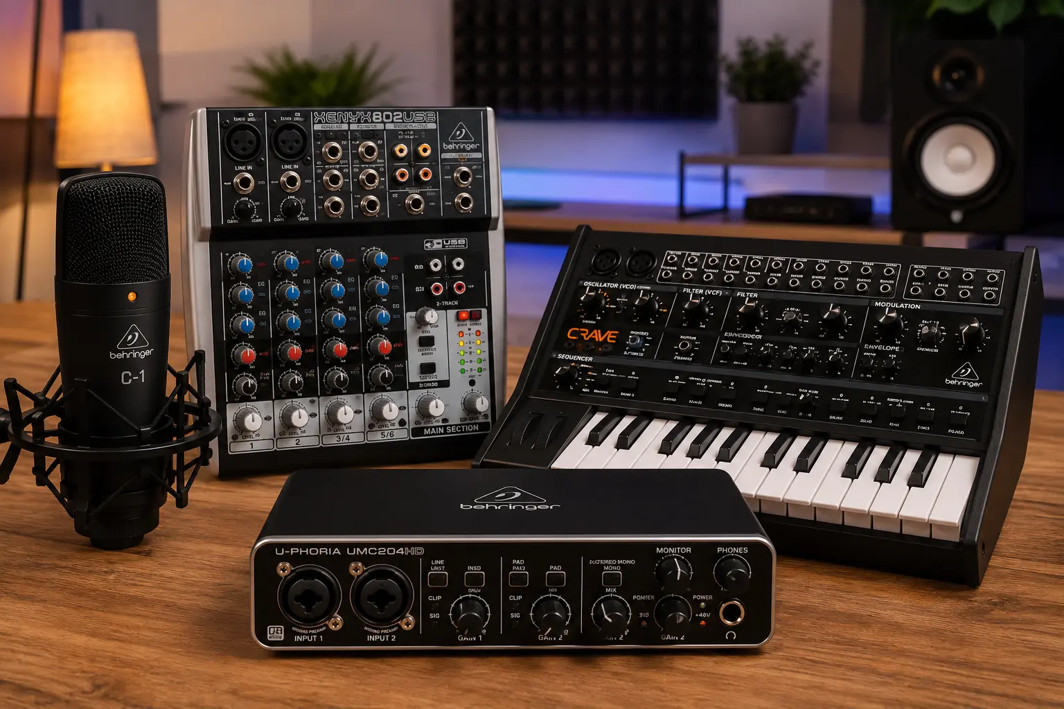 Productos Behringer sobre una mesa de estudio con una interfaz UMC, un mezclador Xenyx, un sintetizador y un micrófono.