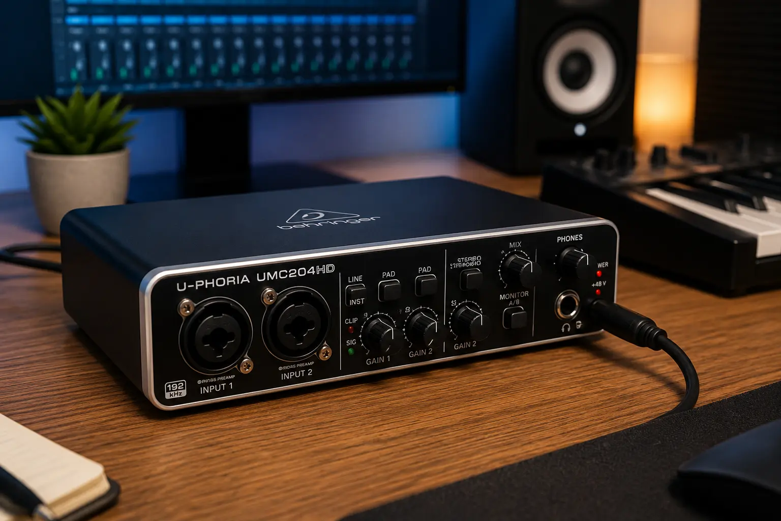 Interfaz de audio Behringer UMC204HD sobre un escritorio de home studio mostrando sus conexiones frontales y acabados metálicos.
