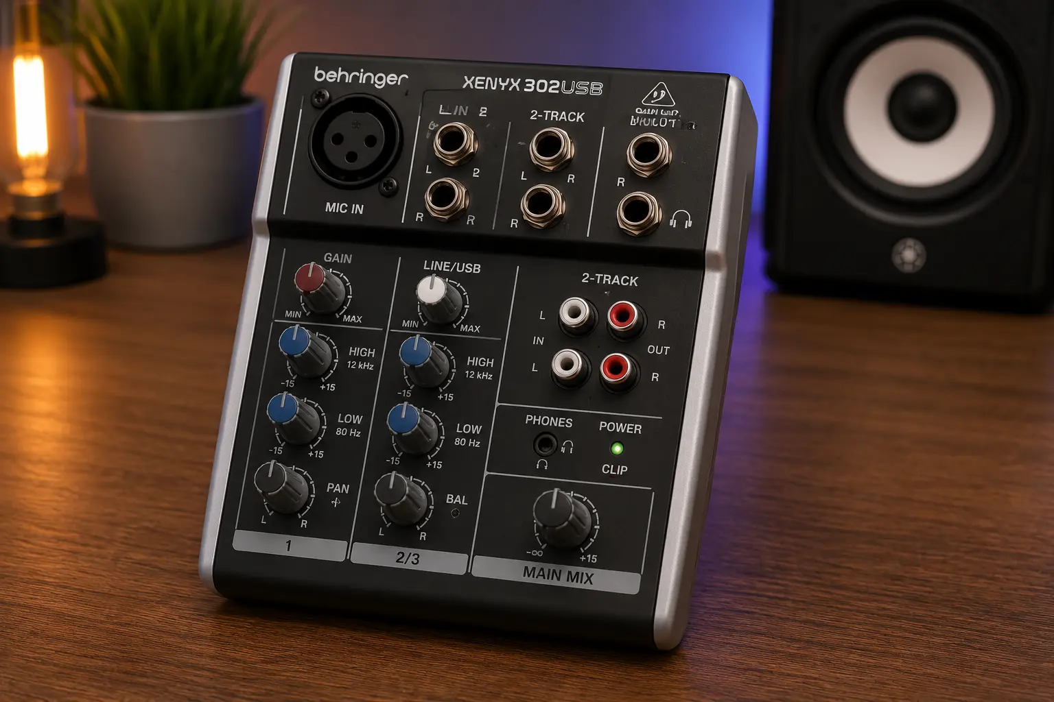 Mezclador Behringer Xenyx 302USB sobre un escritorio de home studio con monitores de estudio al fondo.