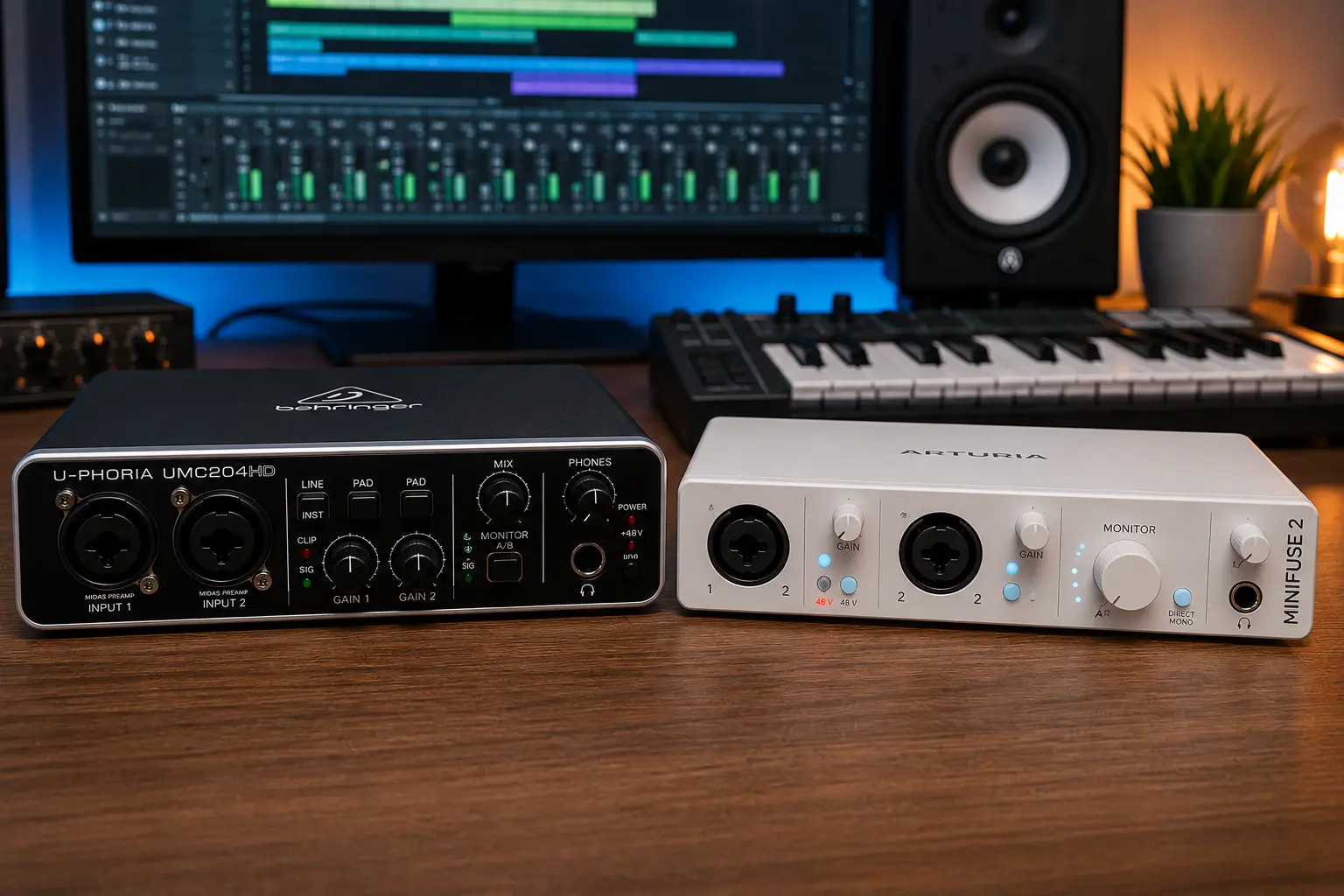 Comparativa entre la interfaz de audio Behringer UMC204HD y la Arturia MiniFuse 2 sobre un escritorio de producción musical.