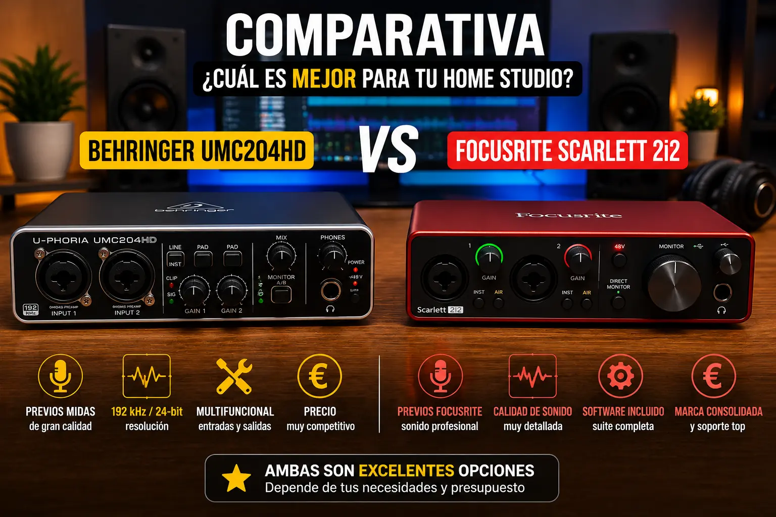 Comparativa visual entre la interfaz de audio Behringer UMC204HD y la Focusrite Scarlett 2i2 sobre una mesa de estudio para home studio.