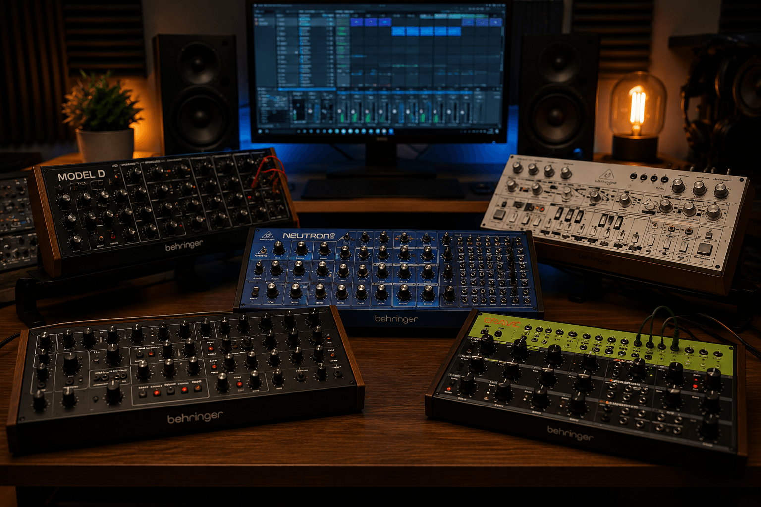 Varios sintetizadores Behringer sobre una mesa de estudio con iluminación tenue y un ordenador mostrando un DAW al fondo.