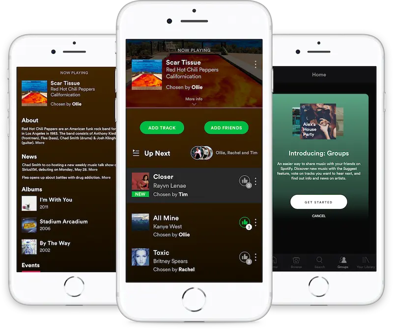 3 iphones mostrando Spotify