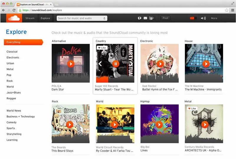 Captura de pantalla de la interfaz de SoundCloud