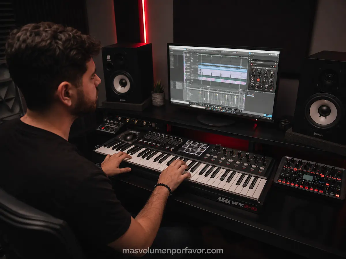 Productor musical utilizando un teclado MIDI de 49 teclas en un home studio con ordenador, DAW y monitores de estudio