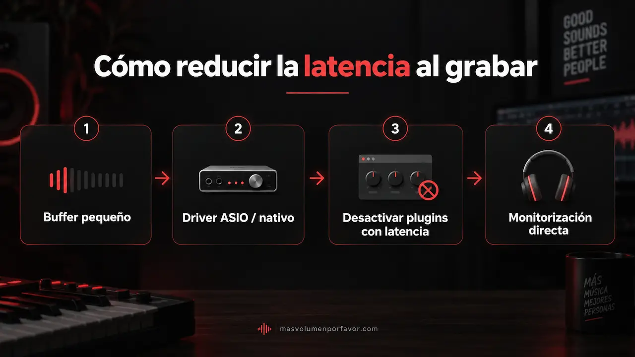 Infografía sobre cómo reducir la latencia al grabar en un DAW