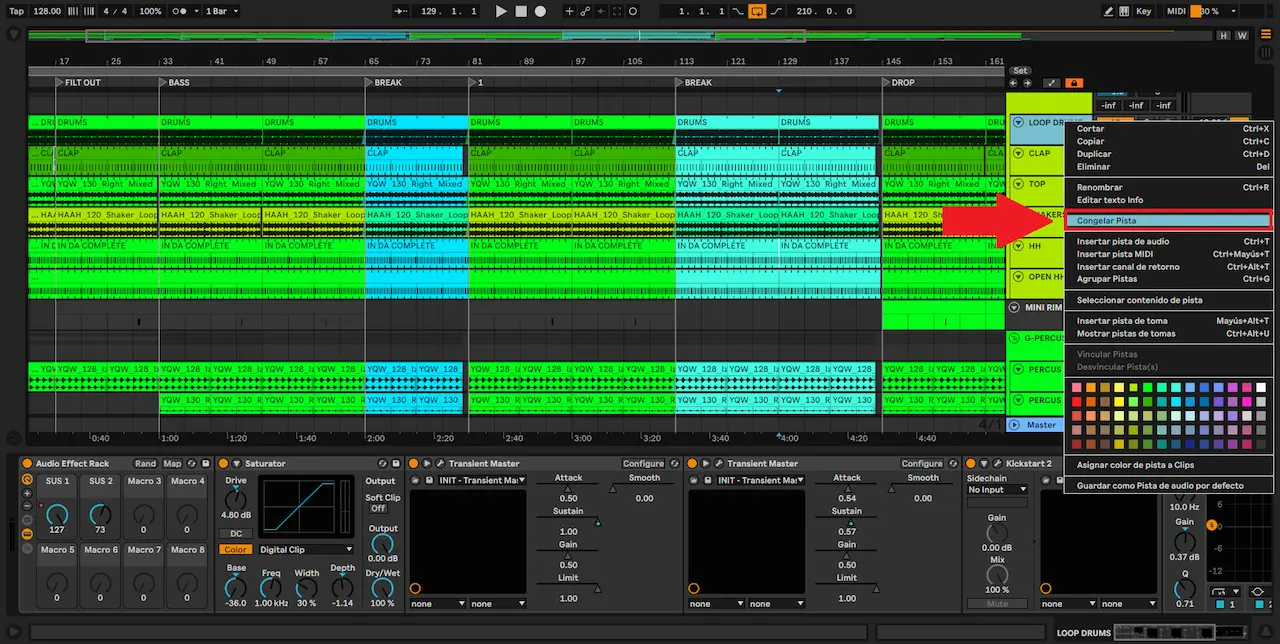 Captura de Ableton Live mostrando la opción Congelar Pista para reducir el uso de CPU