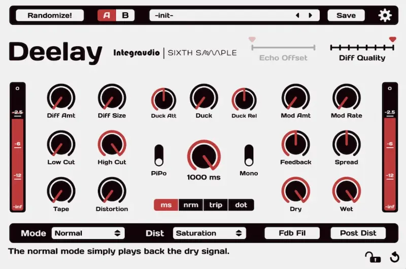 Interfaz del plugin Deelay, uno de los mejores plugins gratis de mayo 2025 para efectos de delay creativo.