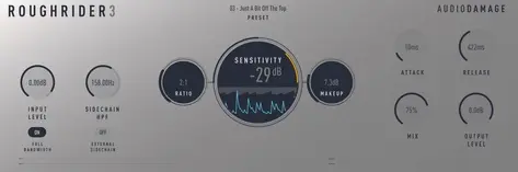 Interfaz del plugin RoughRider 3 de Audio Damage, uno de los compresores gratuitos destacados en mayo 2025.