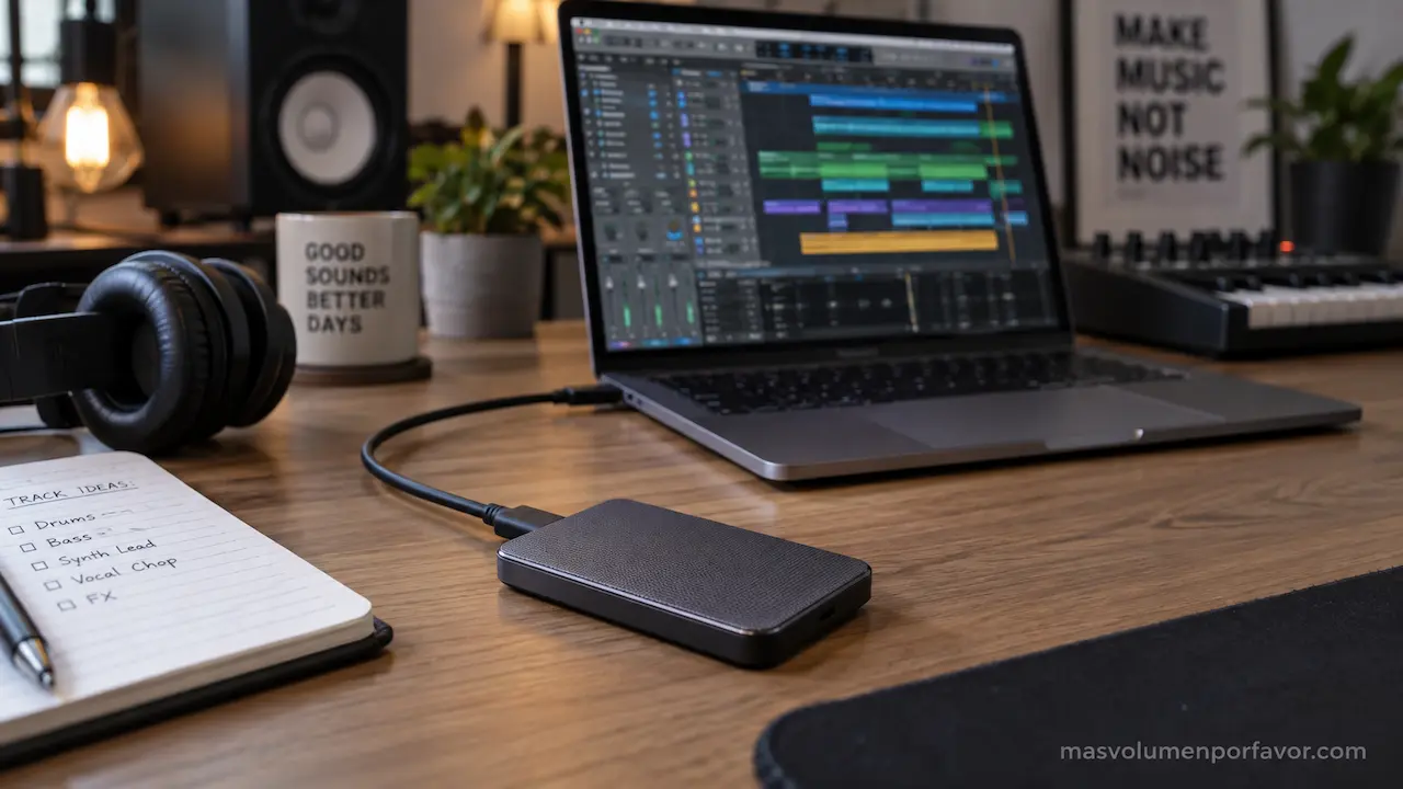 SSD externo conectado a un portátil con un DAW abierto para producción musical