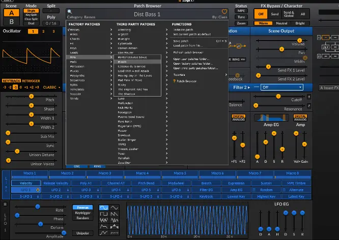 Interfaz del sintetizador Surge XT, uno de los mejores plugins VST gratuitos disponibles en mayo 2025.