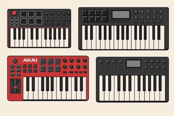 Ilustración de varios teclados MIDI Akai para productores musicales