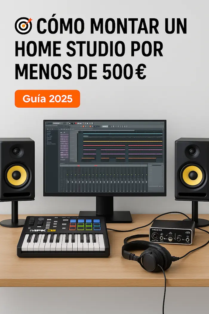 Setup económico de home studio con interfaz, auriculares, teclado MIDI y monitores