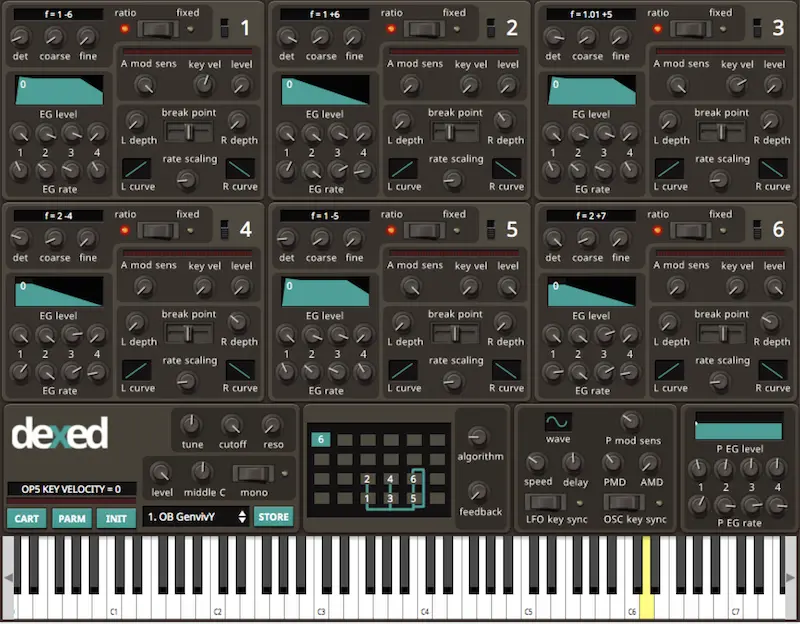 Interfaz del plugin Dexed, sintetizador FM gratuito inspirado en el Yamaha DX7
